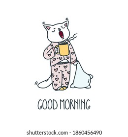 Good Morning. Illustration of a funny yawning cat with a big mug of coffee in its paws in the morning. Vector 8 EPS.