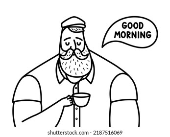 Good morning. Illustration with man, coffee. A man relaxing while sitting  and drinking hot flavored coffee vector design illustration isolated on white background.