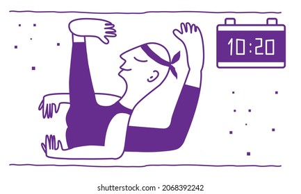 Good morning illustration in simple laconic outline style. The person is doing yoga for a healthy life with calm happy smile