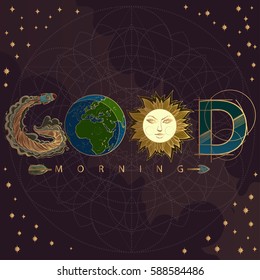 Good morning. The inscription made up of various items and food. Motivational poster with a rocket, donut, sun and arrow on a dark background.