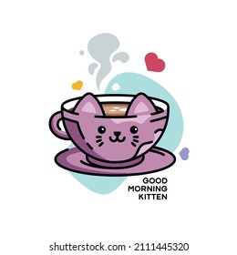 Buen día gatito, ilustración de taza de café de gato lindo, diseño vectorial de taza graciosa de taza de taza con orejas de gato, bueno para camisetas, pegatinas, postales y afiches.