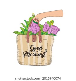 Good Morning Letter with Flower Bag Vintage. Vector illustration.