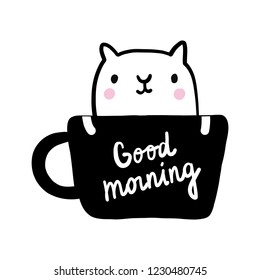 Good morning lettering cup of coffee with cat illustration black and white hand drawn in minimalistic style. for prints posters cards postcards banners books and notebooks