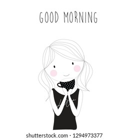 Good morning lettering girl drinking a coffee
