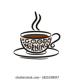 Good morning lettering hand drawn card with grains. Steaming cup of coffee. Morning mood. Vector illustration for poster or banner for menu, cafe, restaurant.