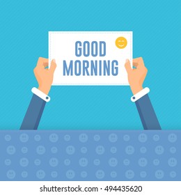 Good Morning Lettering, Hands Hold Card, Flat Vector Design