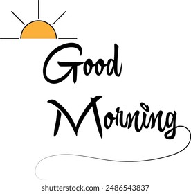 Good morning lettering with sun. Handmade calligraphy, vector illustration. Handwritten poster "Good morning" with sun rays.