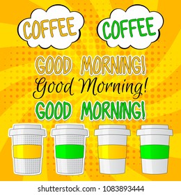 Good morning lettering vector set illlustration with coffee, pop art style on bright yellow background