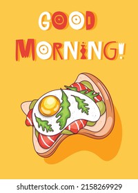 Good Morning. Light breakfast toast Brown bread and fried egg. Hand drawn bread slice and egg with yolk. Morning meal