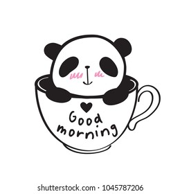 Good morning. Little cute panda in a cup with heart. Vector illustration.