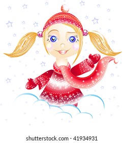 Good morning. Little girl. Winter come. Happy holiday.