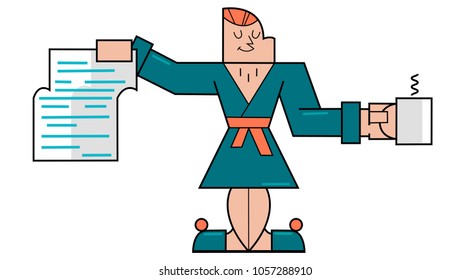 good morning. man in Bathrobe and Slippers drinking coffee and reading newspaper, vector illustration