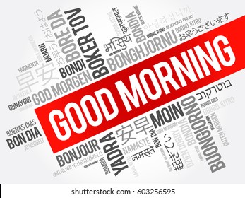 Good Morning in many languages, multilingual word cloud collage for education, concept background