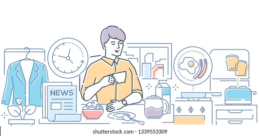 Good morning - modern line design style illustration on white background. Quality linear composition with a man having breakfast, drinking coffee, eating porridge, reading newspaper in the kitchen