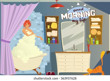 Good morning in my life. Taking shower. Morning shower. Girl with ginger hair and red cat
