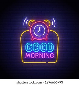 Good Morning neon sign, bright signboard, light banner. Good Morning logo neon, emblem. Vector illustration