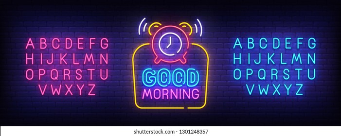 Good Morning neon sign, bright signboard, light banner. Good Morning logo. Neon sign creator. Neon text edit. Design template. Vector illustration