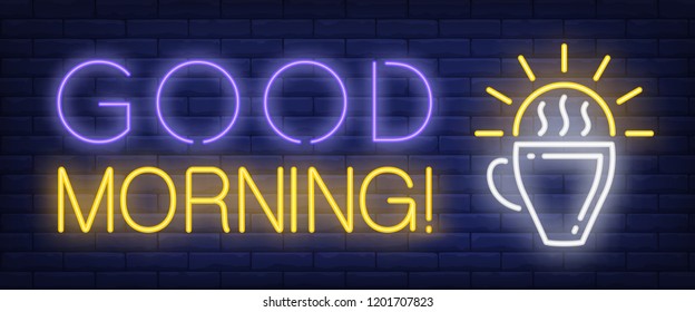 Good morning neon sign. Coffee cup and sun hemisphere with beams on brick wall background. Vector illustration in neon style for coffee shops and cafes