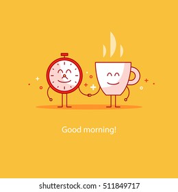 Good morning, new day, tea time. Flat design vector illustration. Happy hour concept