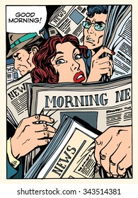 good morning news press crowd metro transport bus pop art retro style. The morning Newspapers. Tube on the road and passengers