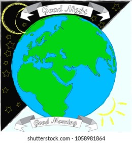 Good Morning and Good Night.Sun .Moon and stars.Planet Earth.Nature.