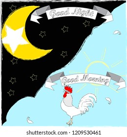 Good Morning and Good Night.Day and Night.Nature scene with moon,stars,rooster and sun.Nature.