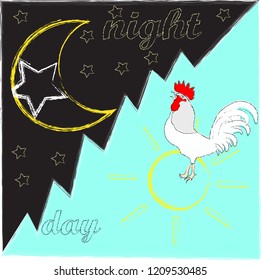 Good Morning and Good Night.Day and Night.Nature scene with moon,stars,rooster and sun.Nature.