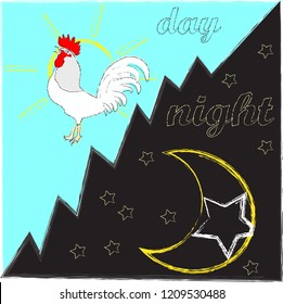 Good Morning and Good Night.Day and Night.Nature scene with moon,stars,rooster and sun.Nature.