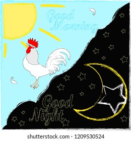 Good Morning and Good Night.Day and Night.Nature scene with moon,stars,rooster and sun.Nature.