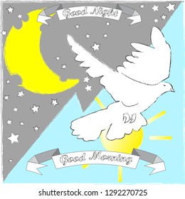 Good Morning and Good Night.Day and Night.Nature scene with moon,stars,sun and pigeon.Space.Blue sky.Nature.