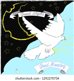 Good Morning and Good Night.Day and Night.Nature scene with moon,stars,sun and pigeon.Space.Blue sky.Nature.