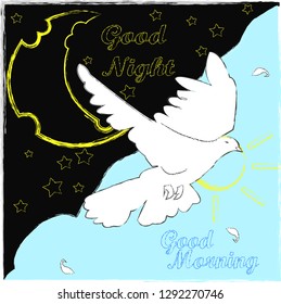 Good Morning and Good Night.Day and Night.Nature scene with moon,stars,sun and pigeon.Space.Blue sky.Nature.
