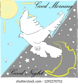 Good Morning and Good Night.Day and Night.Nature scene with moon,stars,sun and pigeon.Space.Blue sky.Nature.