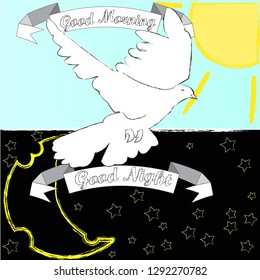 Good Morning and Good Night.Day and Night.Nature scene with moon,stars,sun and pigeon.Space.Blue sky.Nature.