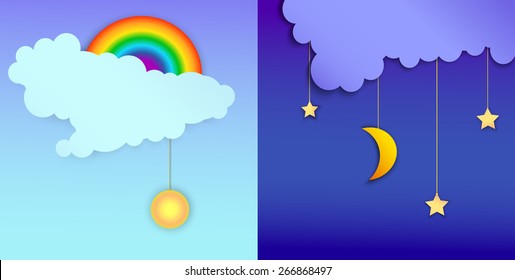 Good morning and Good night, sun and cloud, moon and stars hanging, textured decoration, for kids, vector