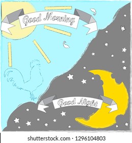 Good Morning and Good Night.Good Night and Sweet Dreams.Day and night.Sun , moon and stars.Nature scene with moon,stars,rooster and sun.Morning sun.Nature.