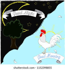 Good Morning and Good Night.Nature scene with rooster,sun,moon,stars and tree.Moon and sun.Day and Night.Nature.