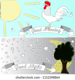 Good Morning and Good Night.Nature scene with rooster,sun,moon,stars and tree.Moon and sun.Day and Night.Nature.