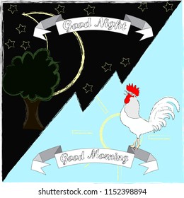 Good Morning and Good Night.Nature scene with rooster,sun,moon,stars and tree.Moon and sun.Day and Night.Nature.