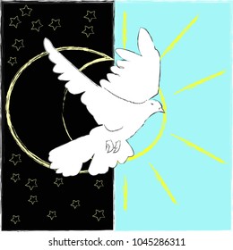 Good Morning and Good Night.Sun.Moon and stars.Flying pigeon.Nature.