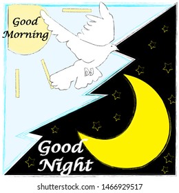 Good Morning and Good Nihgt.Nature scene with sun,pigeon,moon and stars.Day and night.