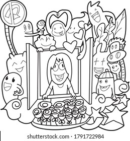 Good morning On a bright day with a good friend.Doodle style Hand drawn.and coloring book