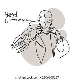 Good morning, one line drawing, girl with a cup of coffee, fashion, handwritten quote