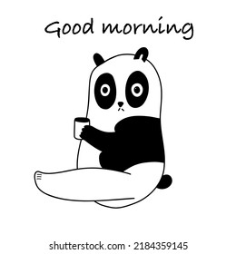 Good morning. Panda. Coffee. Banner, sticker, brochure, poster, card. Vector illustration