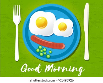Good morning phrase. Breakfast omelet. Vector illustration.