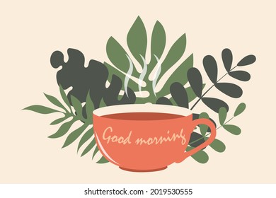 Good morning. Pink cup with fragrant hot coffee on pastel pink background with green tropical leaves. Organic drink print on T-shirts, kitchen cushions decor. Vector.