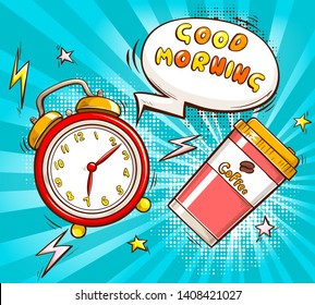 Good morning pop art vector banner, poster template. Ringing in seven AM alarm clock, coffee paper cup with plastic lid illustration on striped, dotted blue background. Charging energy for day concept