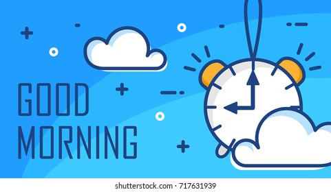 Good morning poster with alarm clock and clouds. Thin line flat design. Vector background.