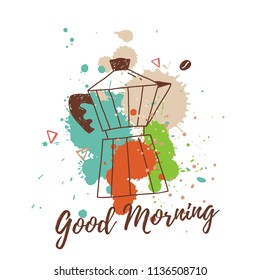 Good morning poster quote with ink colorful stains isolated on white background. Can be used for greeting cards. tshirts