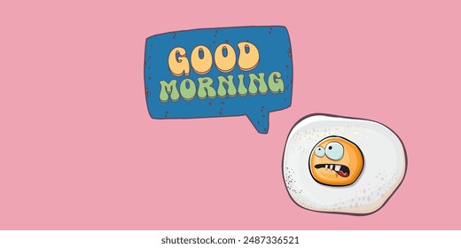 Good morning quote with cute egg character and groovy retro text isolated on pink background. Vector good morning funny slogan and morning cute fried egg. Banner, poster, cafe menu design template